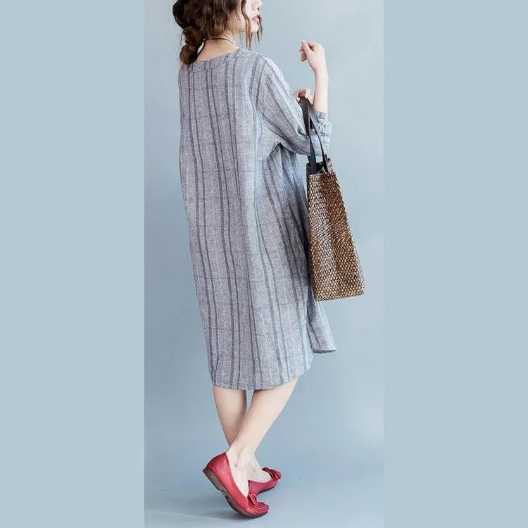 2018 light gray Plaid cotton linen dresses casual half sleeve pockets women o neck embroidery cotton linen clothing dresses