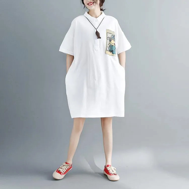 2018 white pure cotton dress oversize clothing dresses 2018 short sleeve Turn-down Collar clothing dresses