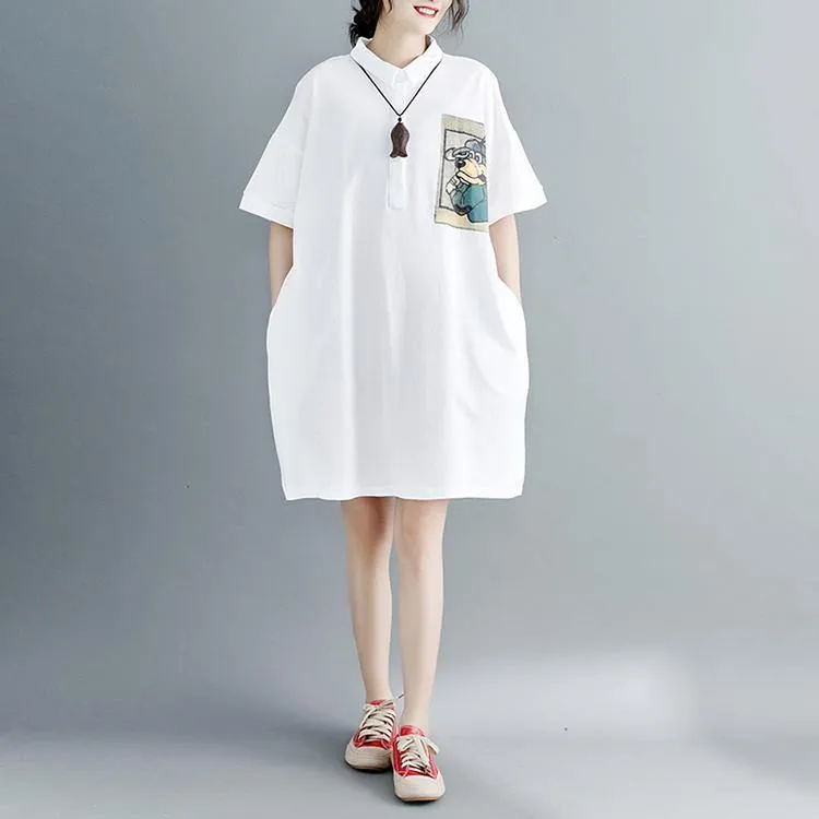 2018 white pure cotton dress oversize clothing dresses 2018 short sleeve Turn-down Collar clothing dresses