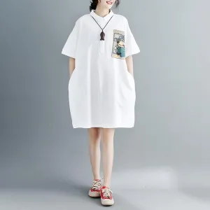 2018 white pure cotton dress oversize clothing dresses 2018 short sleeve Turn-down Collar clothing dresses