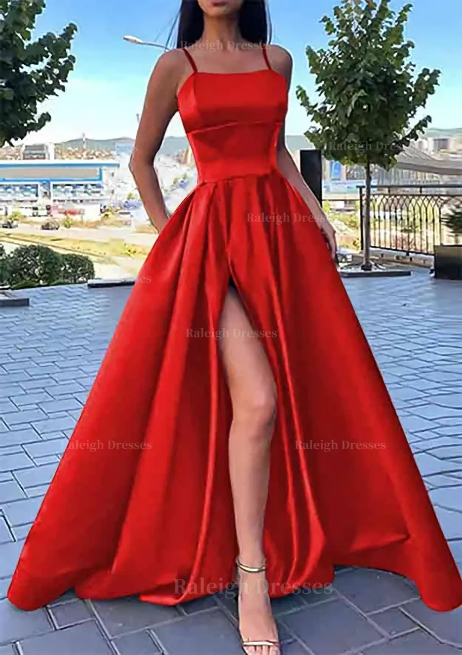 A-line Square Neckline Spaghetti Straps Long/Floor-Length Satin Prom Dress With Split Pockets