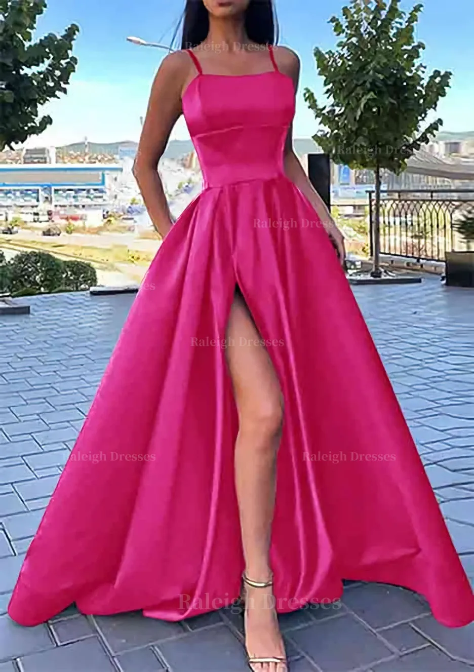 A-line Square Neckline Spaghetti Straps Long/Floor-Length Satin Prom Dress With Split Pockets