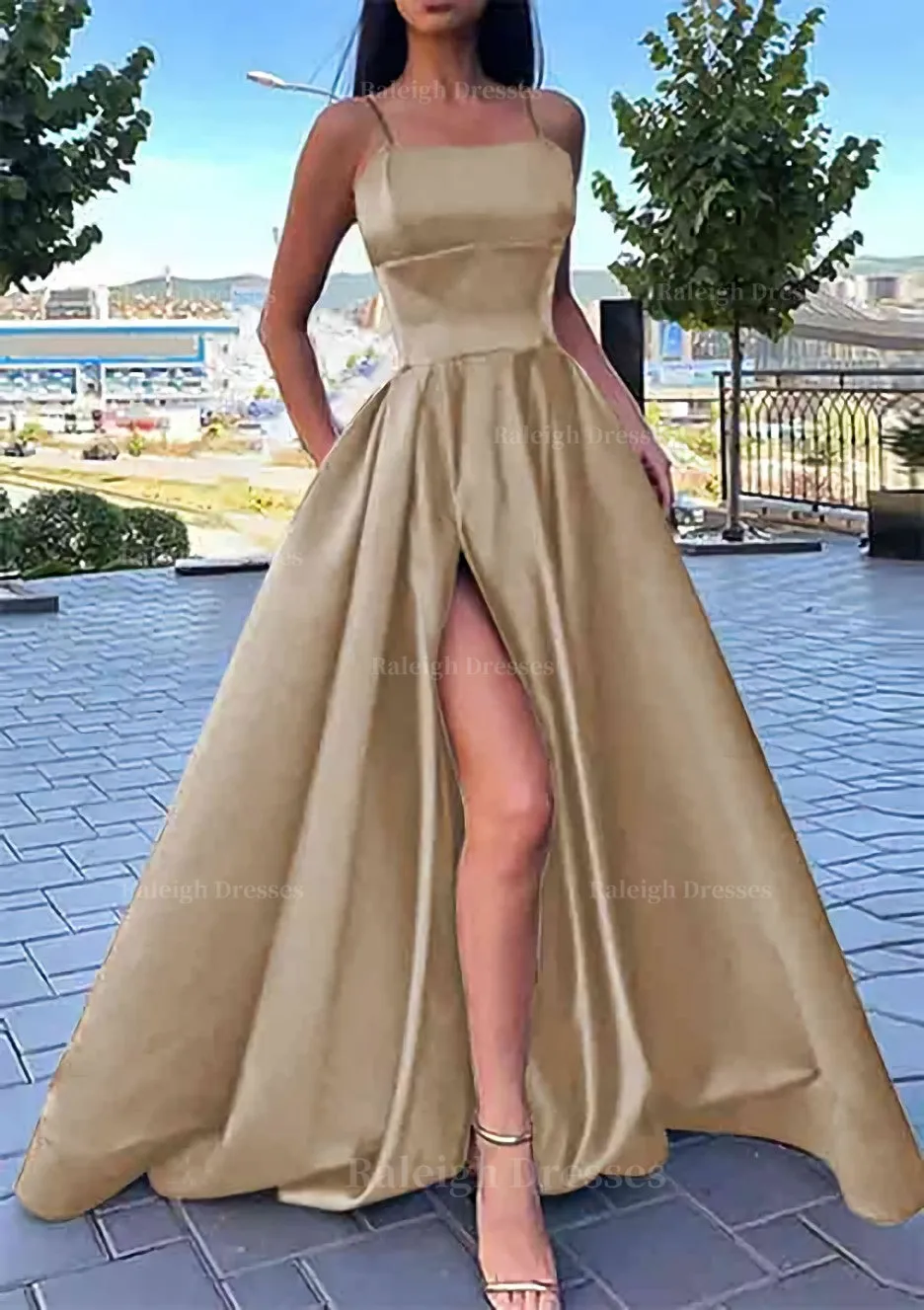 A-line Square Neckline Spaghetti Straps Long/Floor-Length Satin Prom Dress With Split Pockets