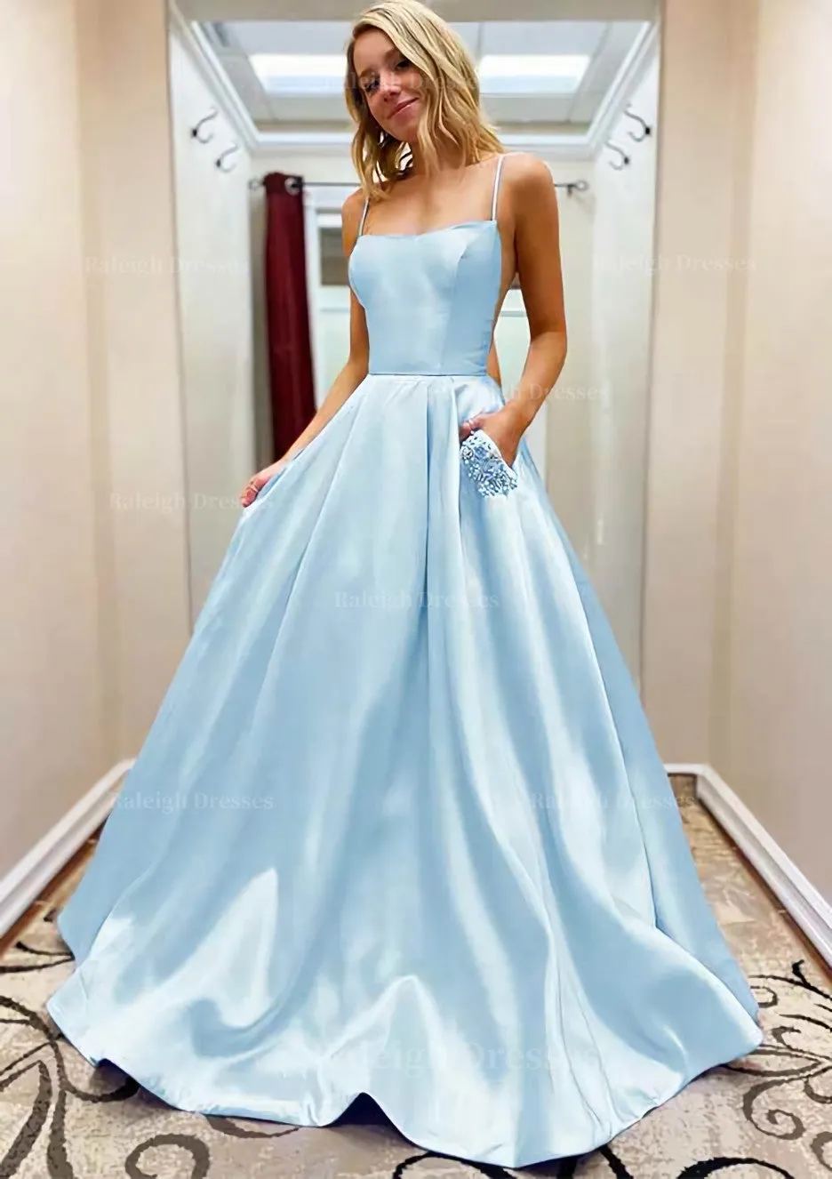 A-line Square Neckline Spaghetti Straps Sweep Train Satin Prom Dress With Beading Pockets