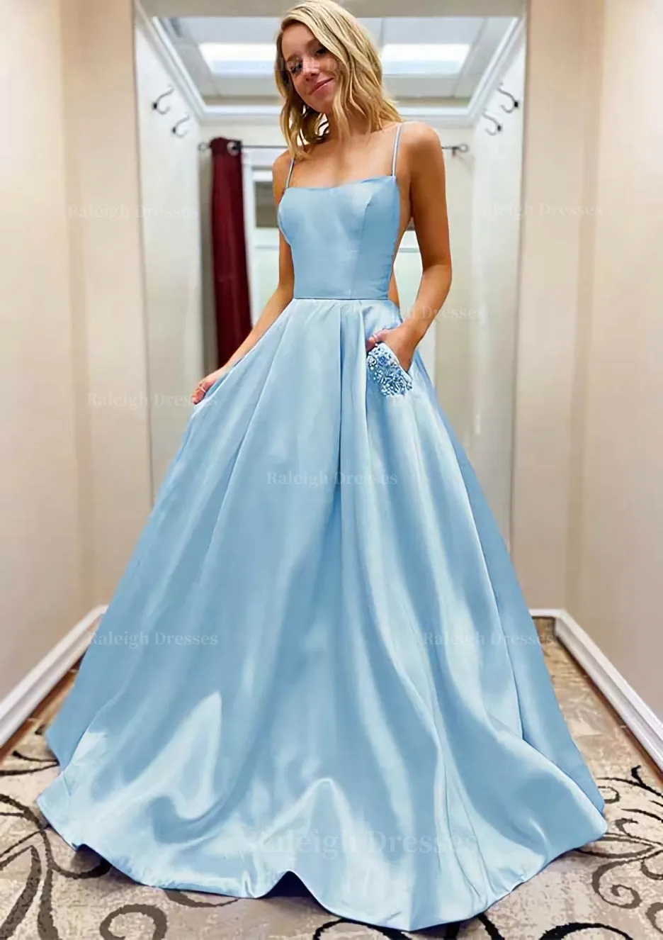 A-line Square Neckline Spaghetti Straps Sweep Train Satin Prom Dress With Beading Pockets