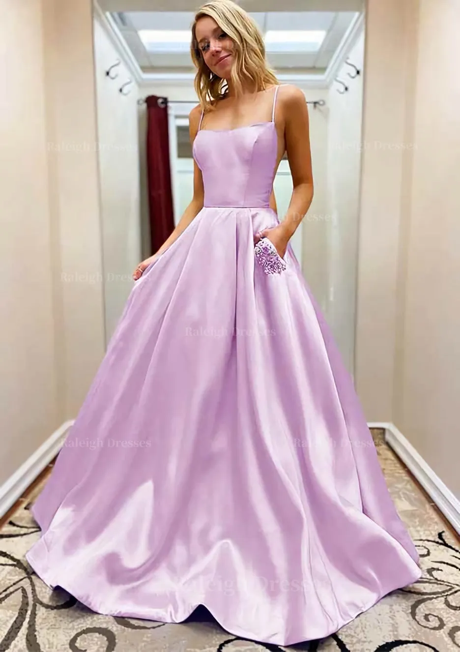 A-line Square Neckline Spaghetti Straps Sweep Train Satin Prom Dress With Beading Pockets