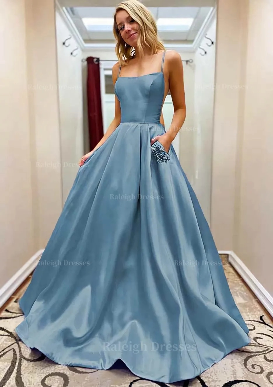 A-line Square Neckline Spaghetti Straps Sweep Train Satin Prom Dress With Beading Pockets