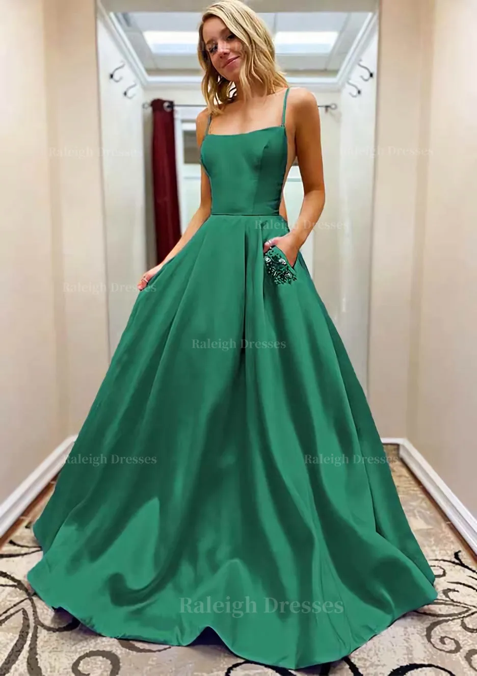 A-line Square Neckline Spaghetti Straps Sweep Train Satin Prom Dress With Beading Pockets