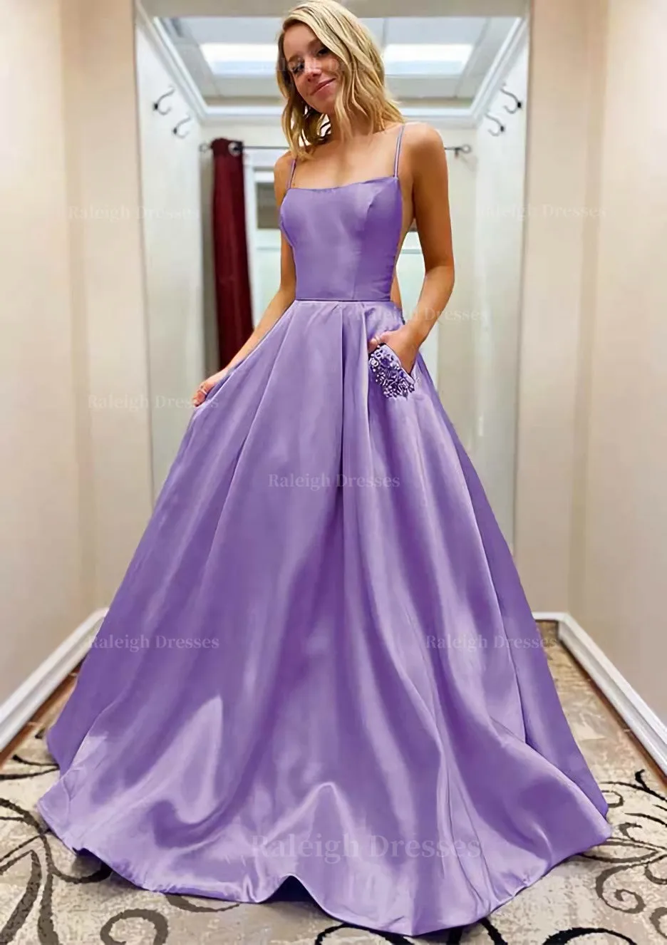 A-line Square Neckline Spaghetti Straps Sweep Train Satin Prom Dress With Beading Pockets