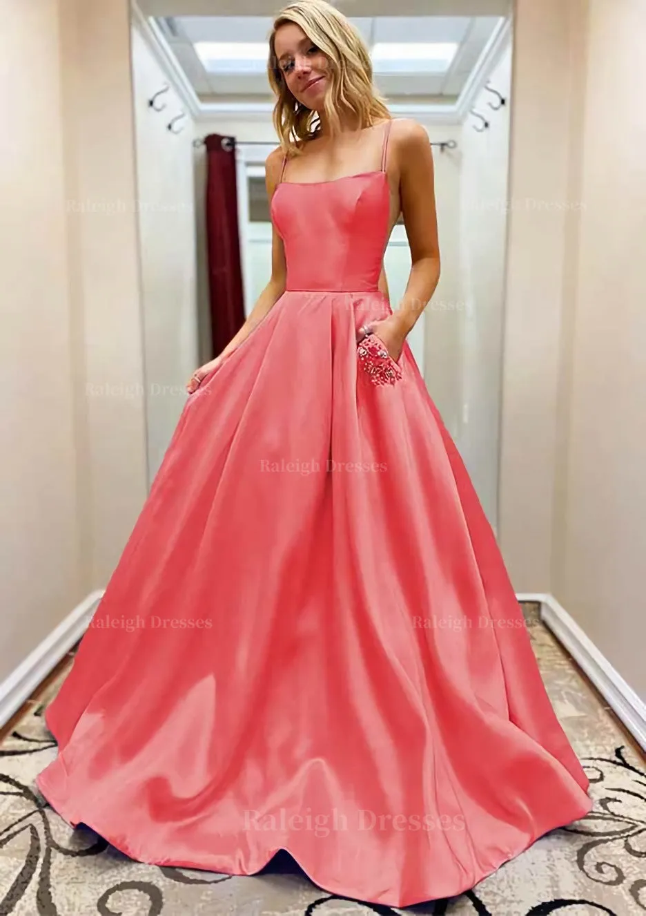 A-line Square Neckline Spaghetti Straps Sweep Train Satin Prom Dress With Beading Pockets