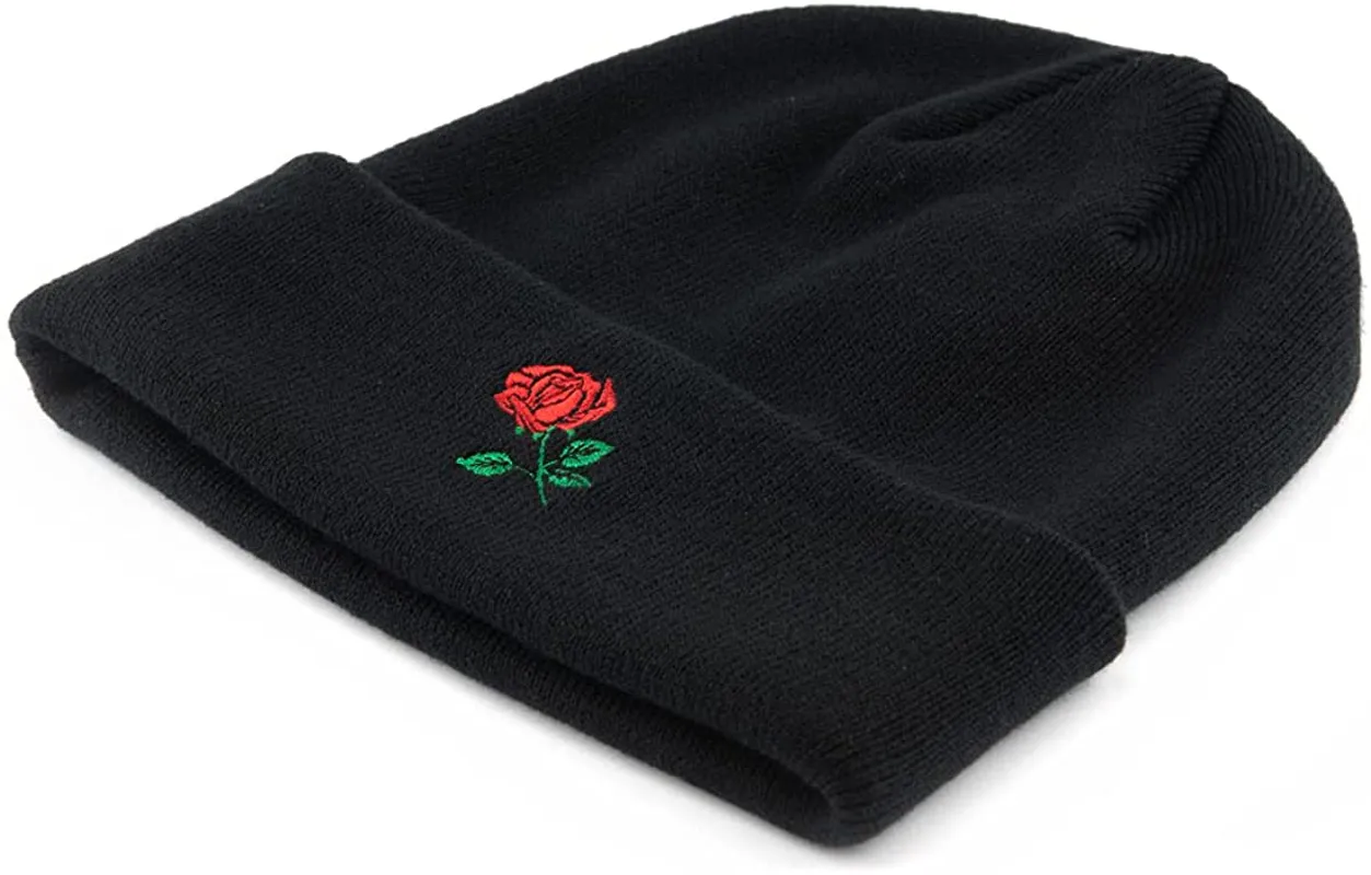 AUNG CROWN Beanie Rose Embroidered Knit Hats Caps for Men Women Black (Beanie)