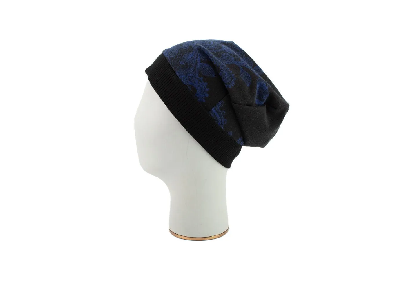 Blue and Black Asymmetrical II Lace Print Slouchy Beanie