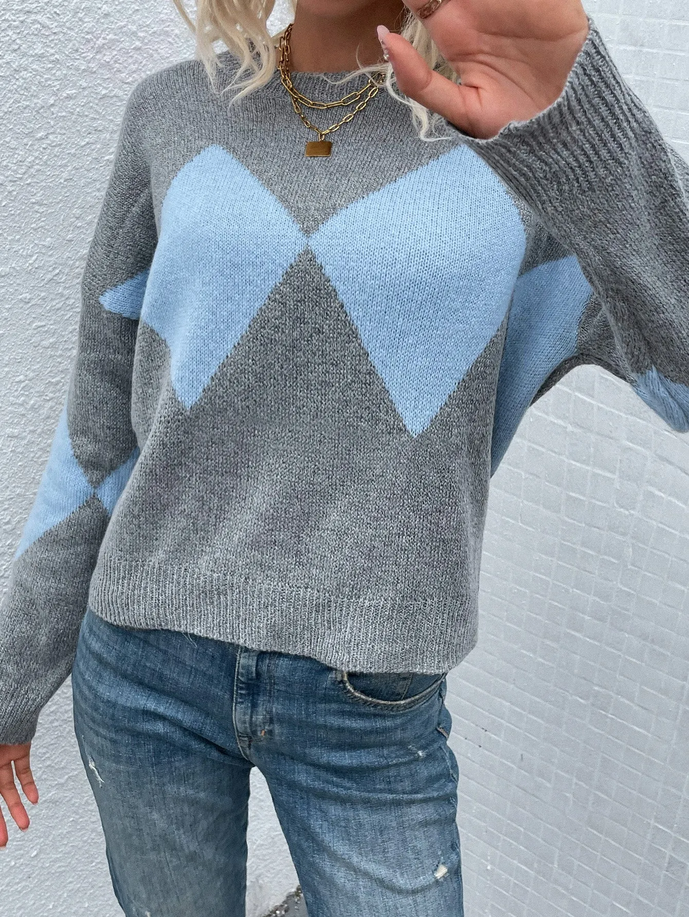 Blue Colour Block Sweater MYWU0552HI