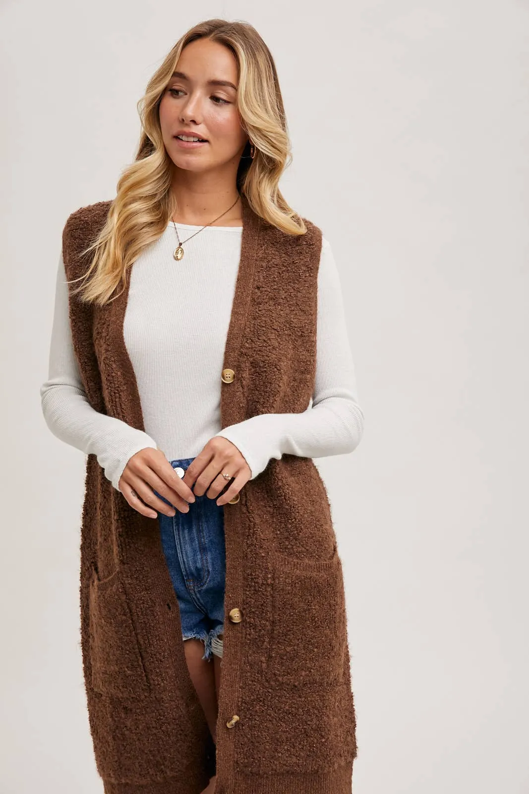 BLUIVY BUTTON DOWN V-NECK TEDDY KNIT LONG LINED VEST