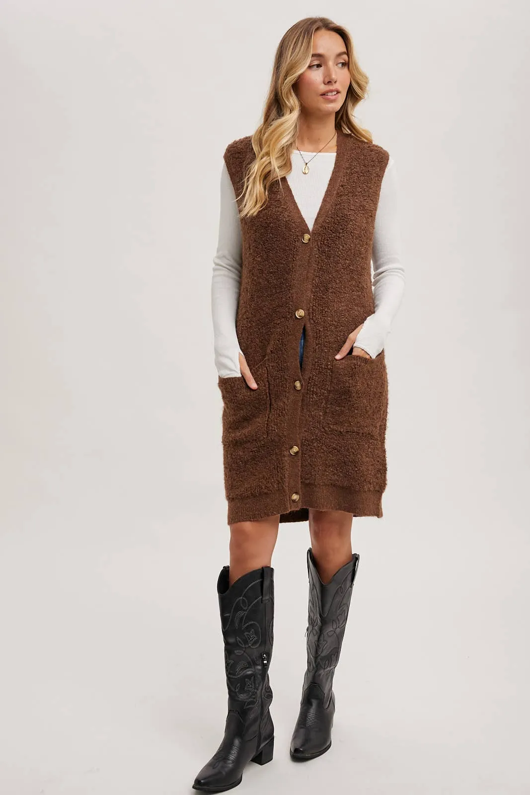 BLUIVY BUTTON DOWN V-NECK TEDDY KNIT LONG LINED VEST