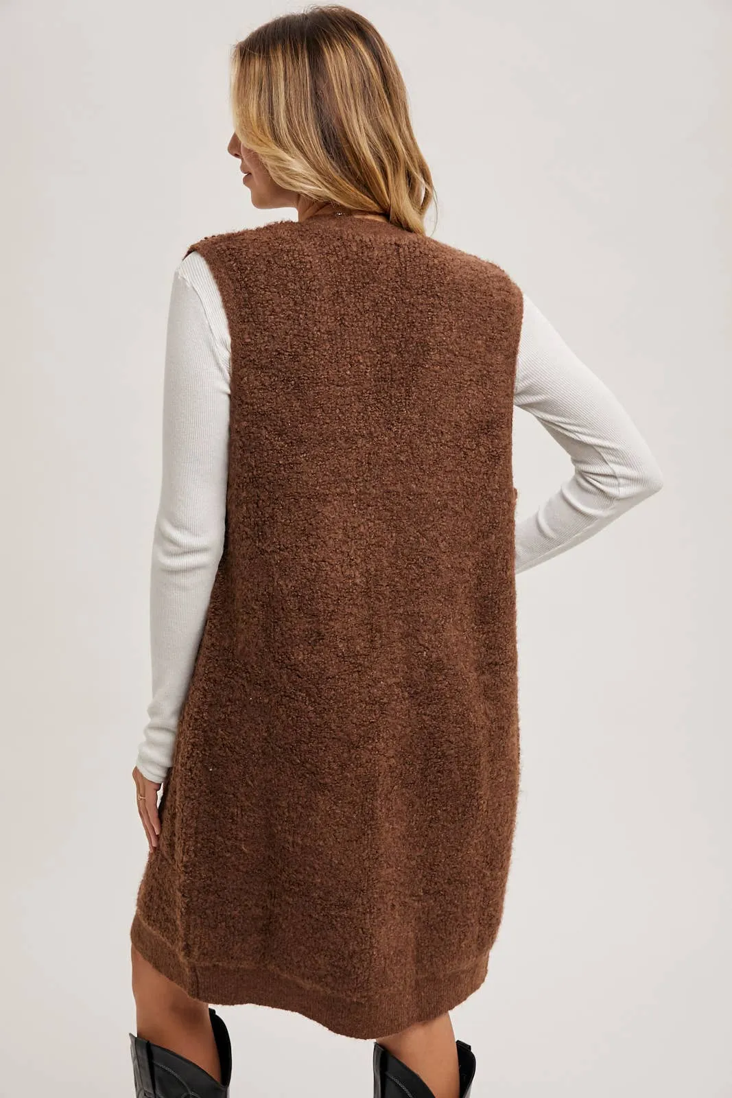 BLUIVY BUTTON DOWN V-NECK TEDDY KNIT LONG LINED VEST