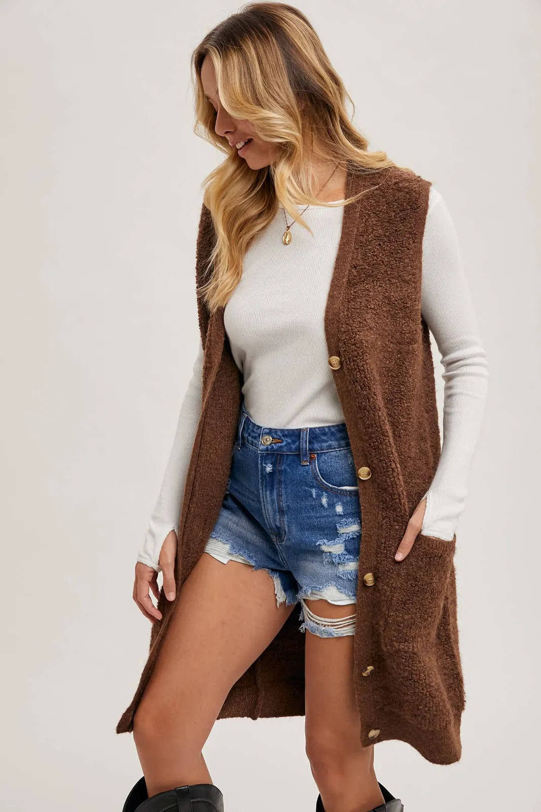 BLUIVY BUTTON DOWN V-NECK TEDDY KNIT LONG LINED VEST