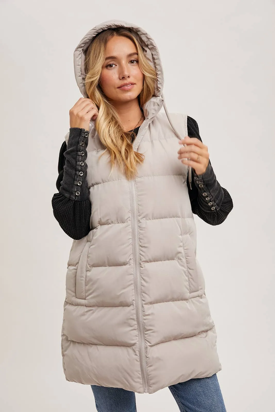 BLUIVY HOODED ZIPPER DOWN LONGLINE PUFFER VEST