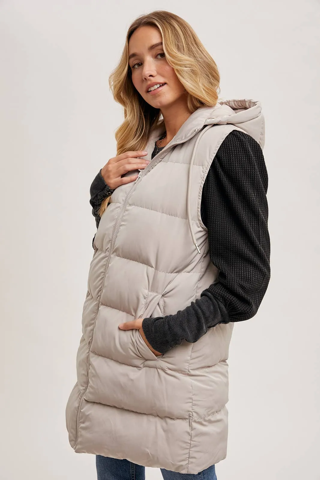 BLUIVY HOODED ZIPPER DOWN LONGLINE PUFFER VEST