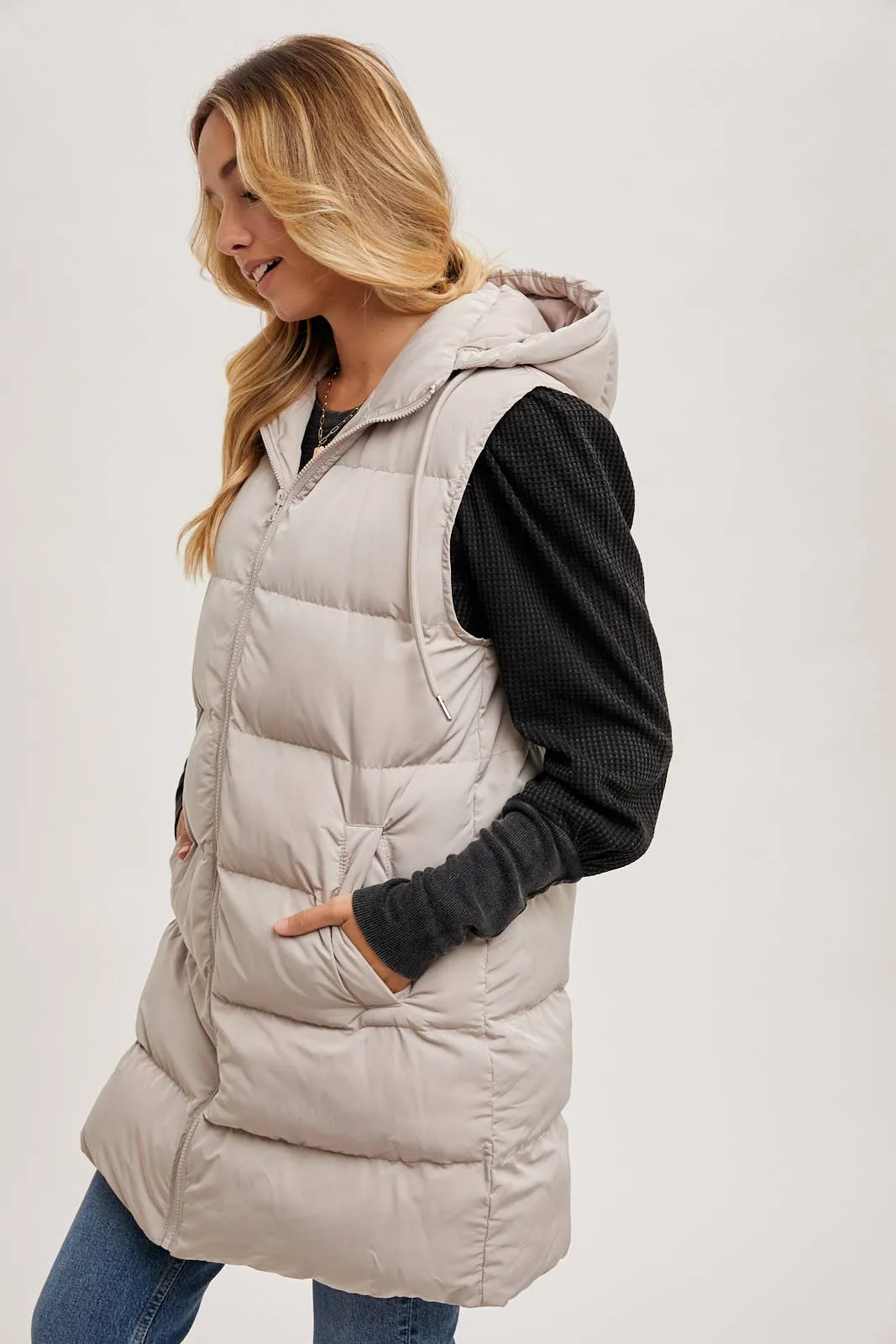 BLUIVY HOODED ZIPPER DOWN LONGLINE PUFFER VEST