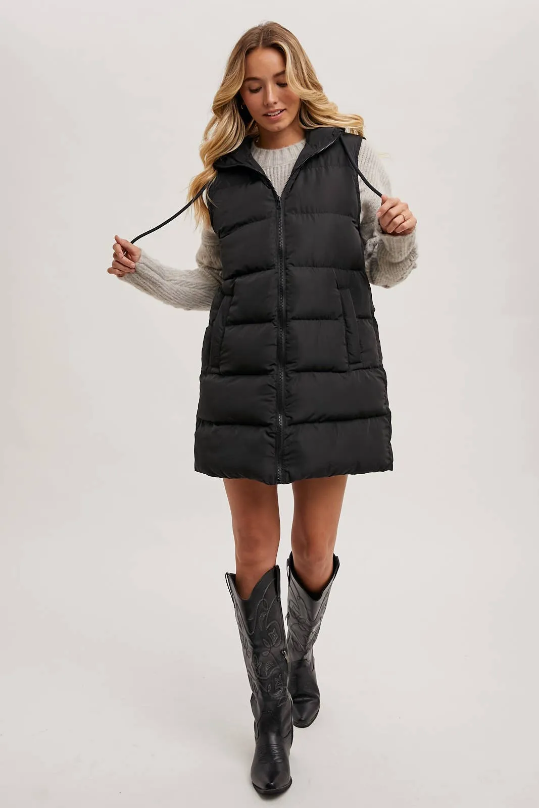 BLUIVY HOODED ZIPPER DOWN LONGLINE PUFFER VEST