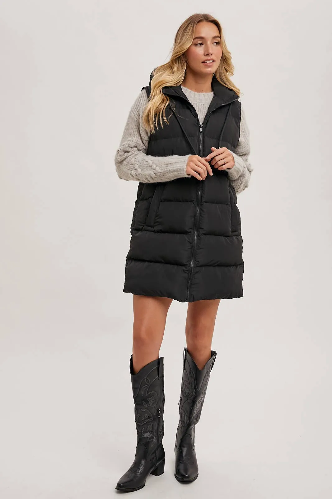 BLUIVY HOODED ZIPPER DOWN LONGLINE PUFFER VEST