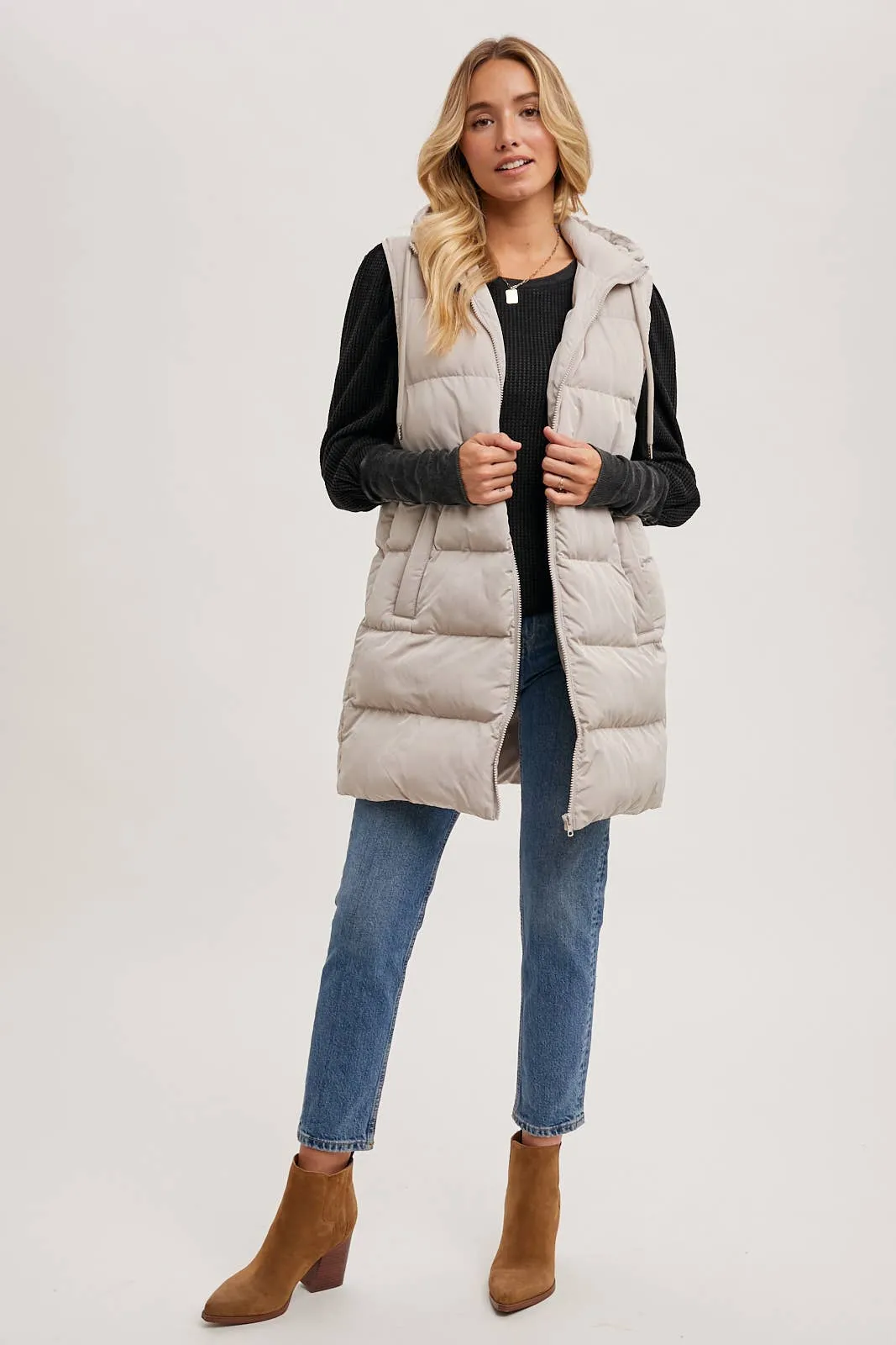 BLUIVY HOODED ZIPPER DOWN LONGLINE PUFFER VEST