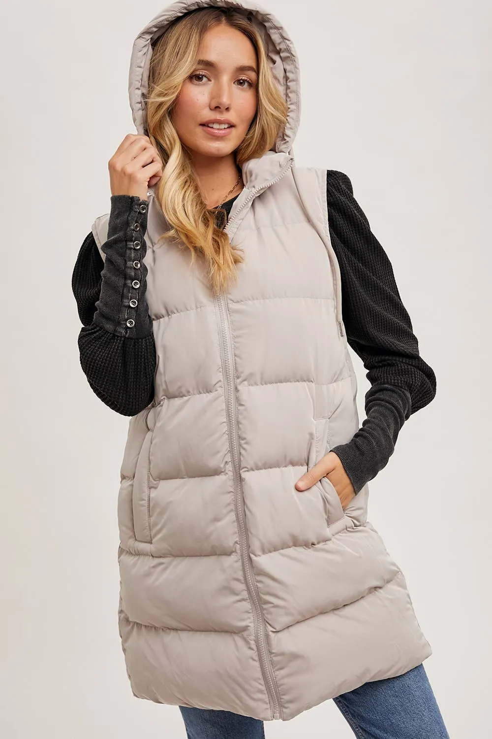 BLUIVY HOODED ZIPPER DOWN LONGLINE PUFFER VEST