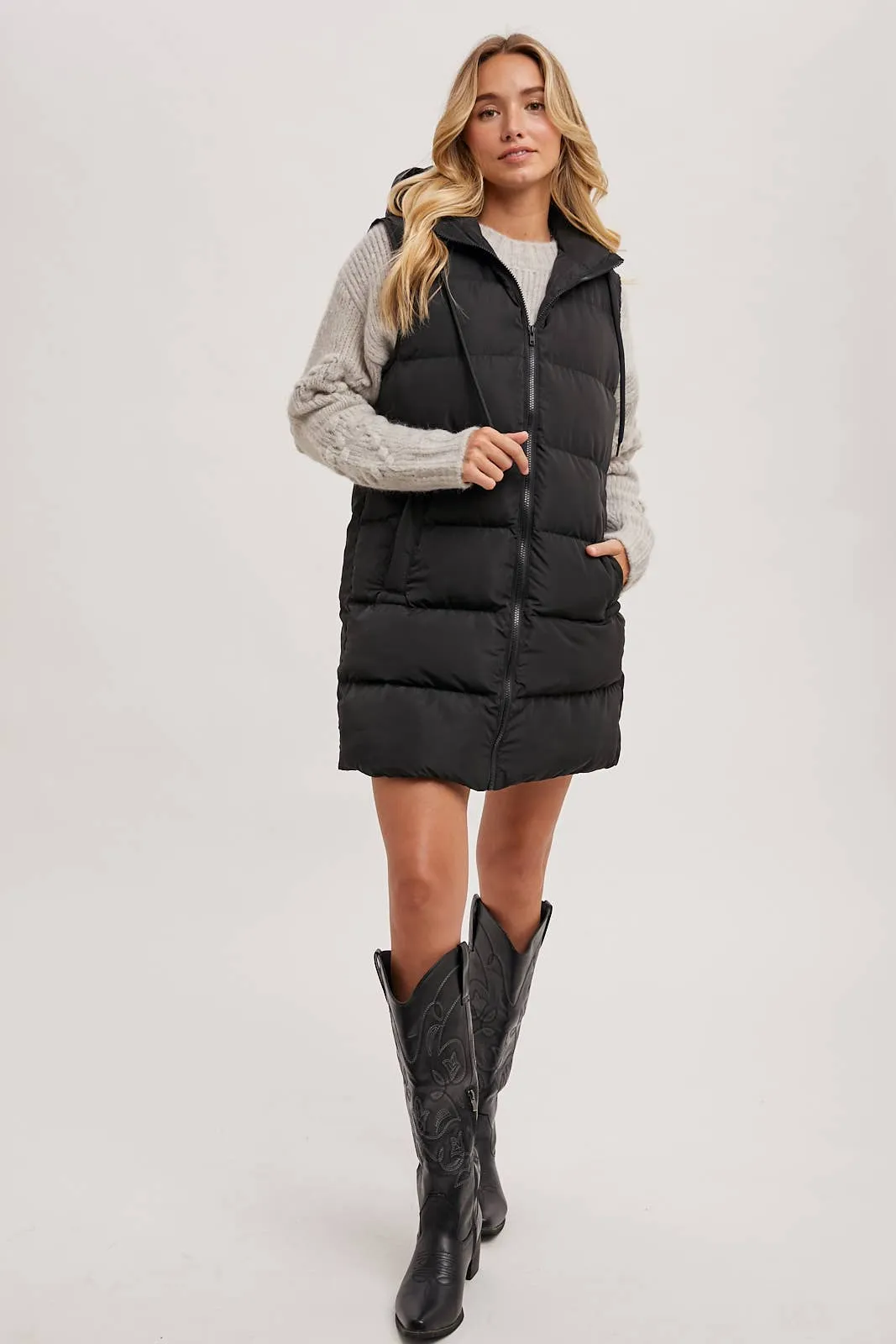 BLUIVY HOODED ZIPPER DOWN LONGLINE PUFFER VEST