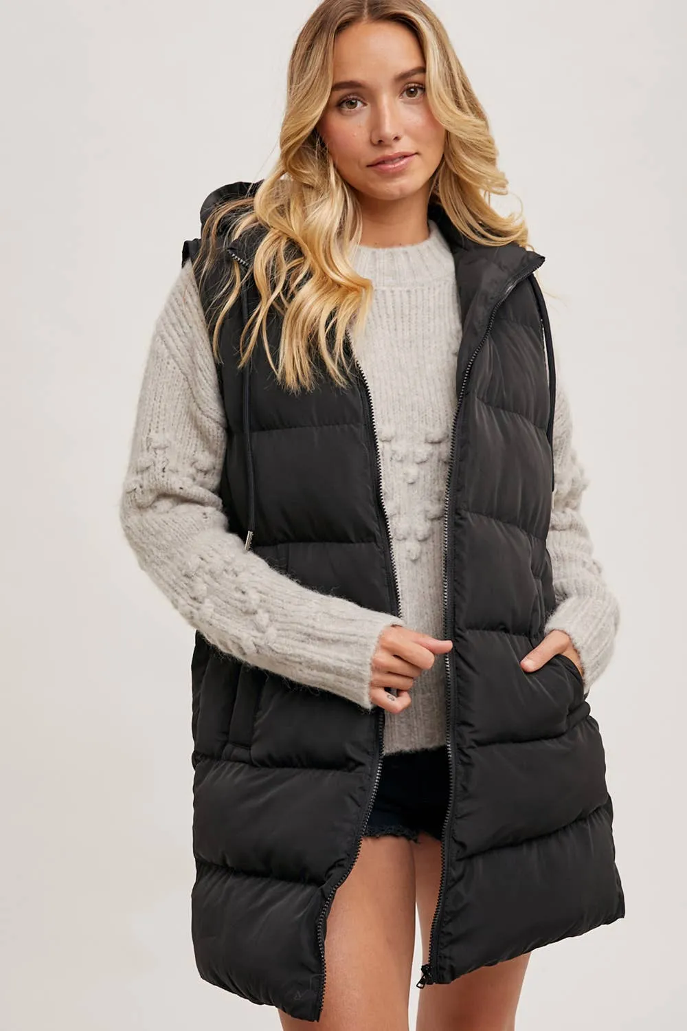 BLUIVY HOODED ZIPPER DOWN LONGLINE PUFFER VEST