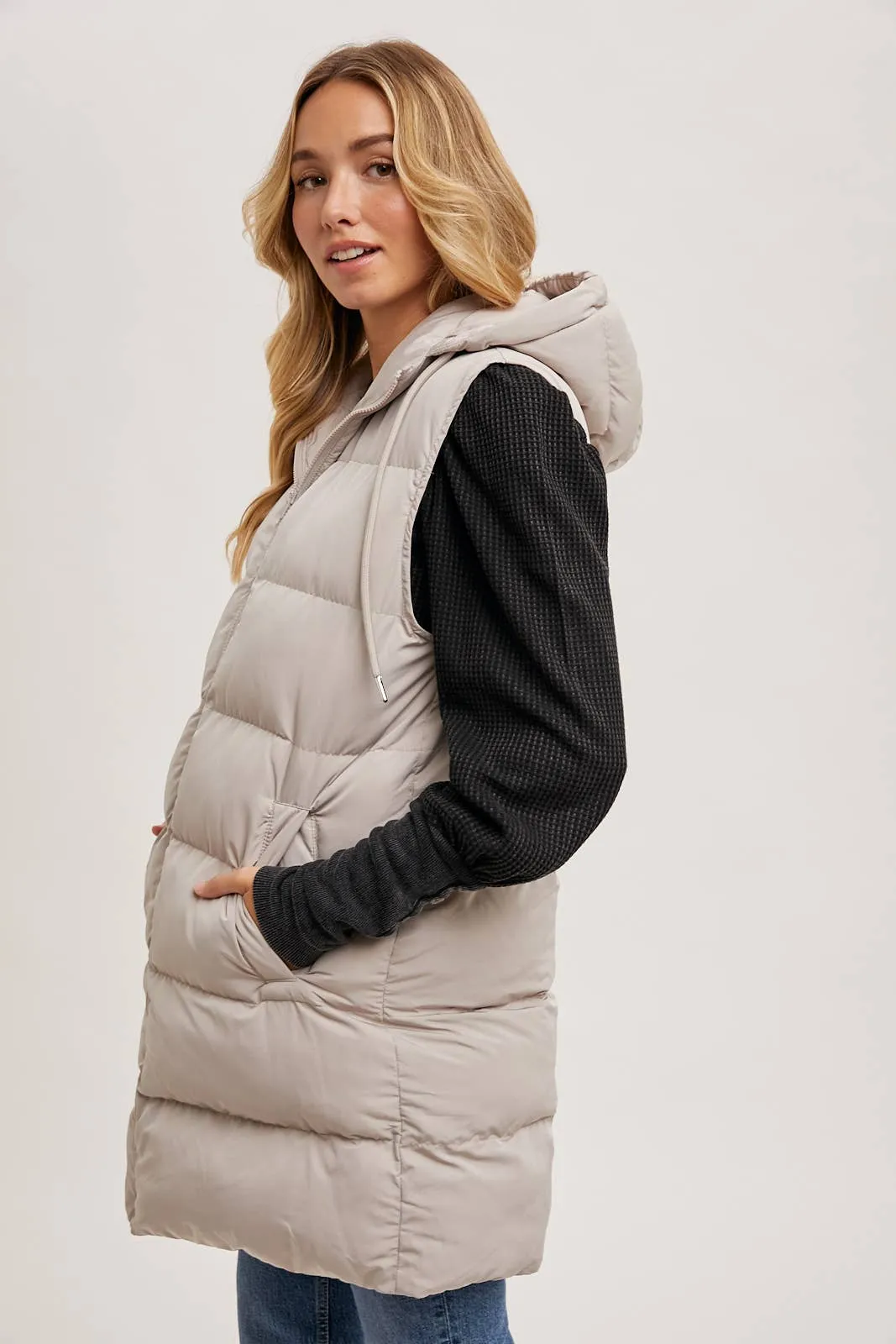 BLUIVY HOODED ZIPPER DOWN LONGLINE PUFFER VEST