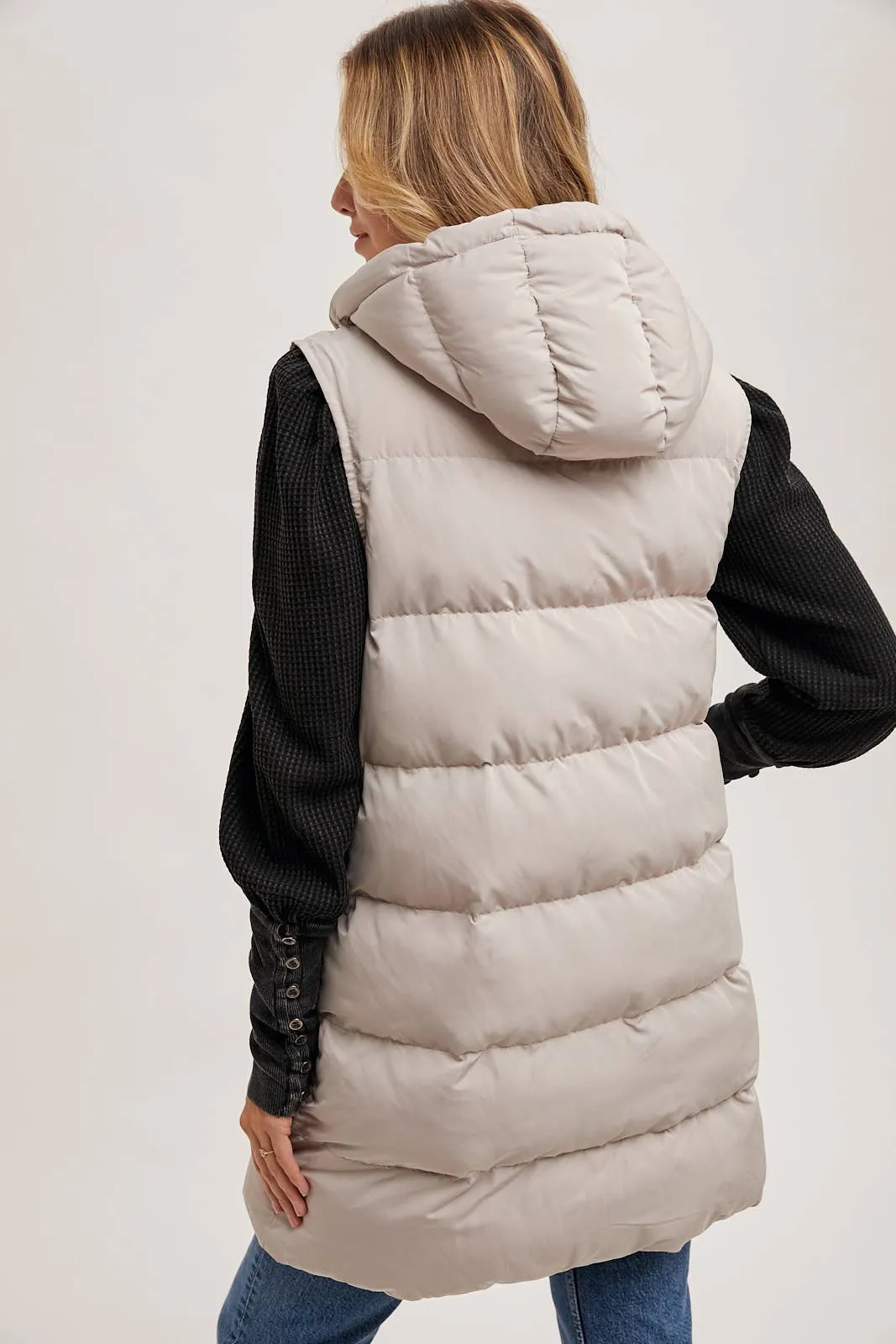 BLUIVY HOODED ZIPPER DOWN LONGLINE PUFFER VEST