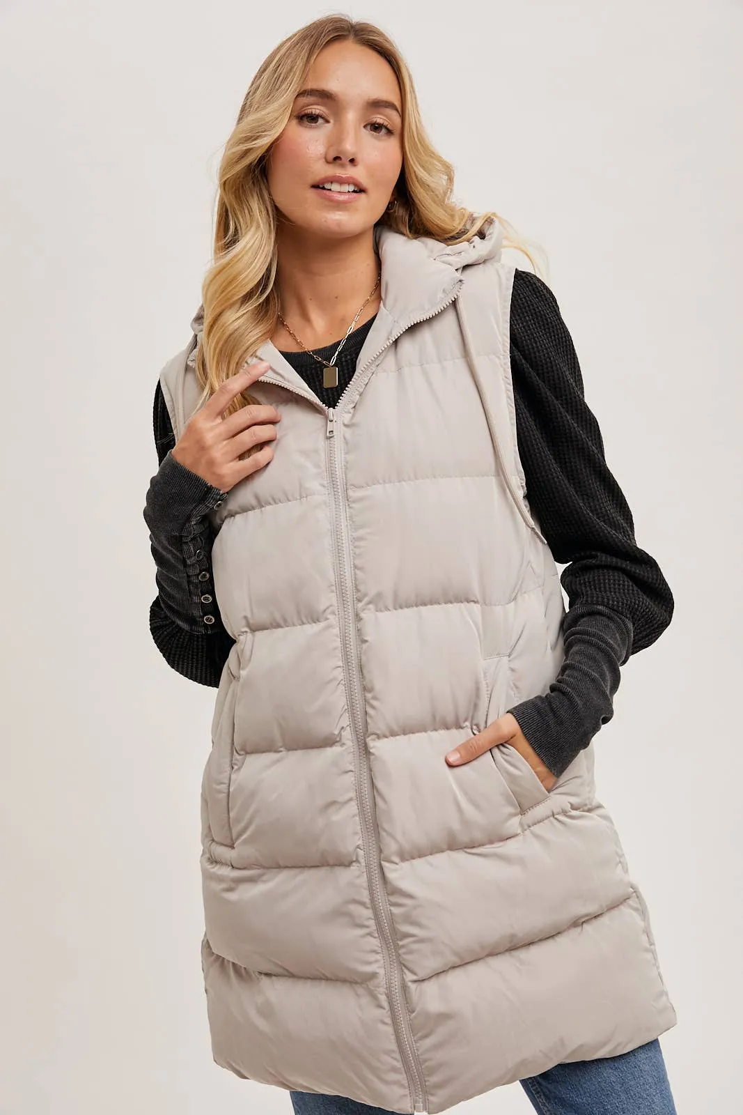 BLUIVY HOODED ZIPPER DOWN LONGLINE PUFFER VEST