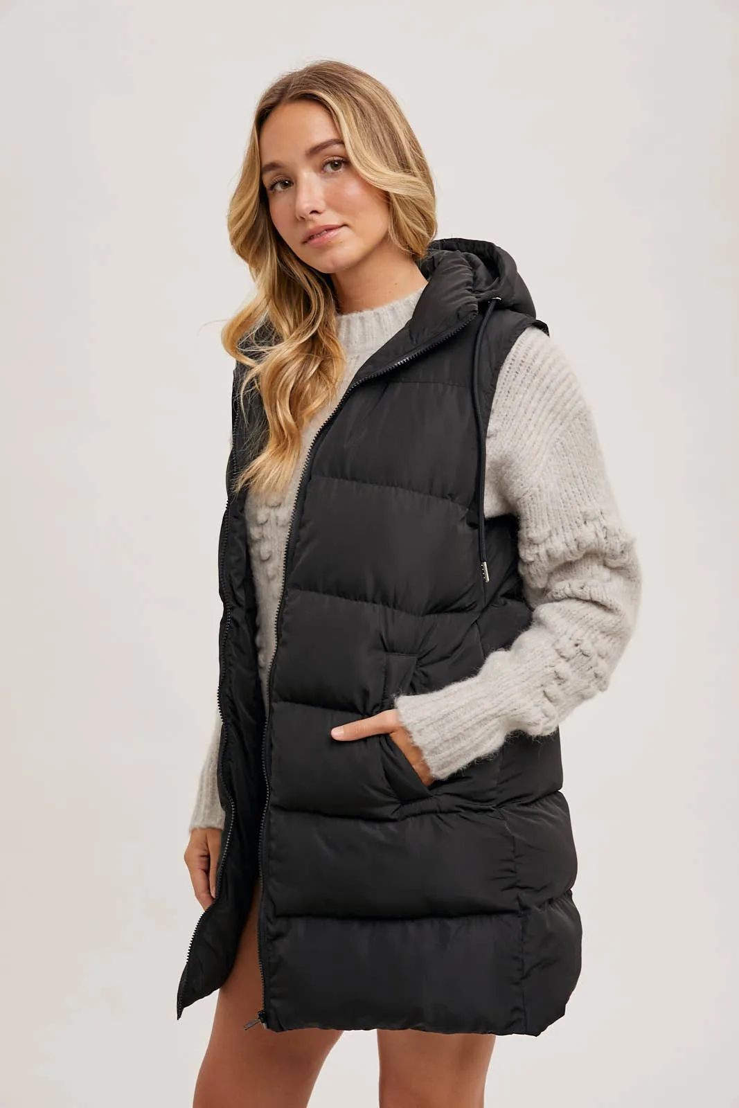 BLUIVY HOODED ZIPPER DOWN LONGLINE PUFFER VEST