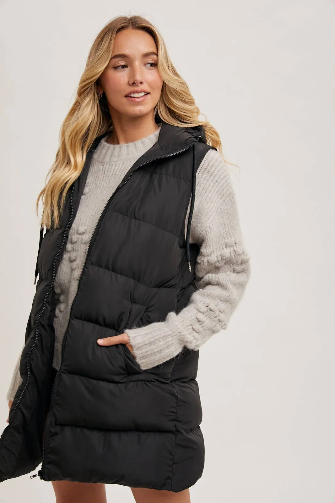 BLUIVY HOODED ZIPPER DOWN LONGLINE PUFFER VEST