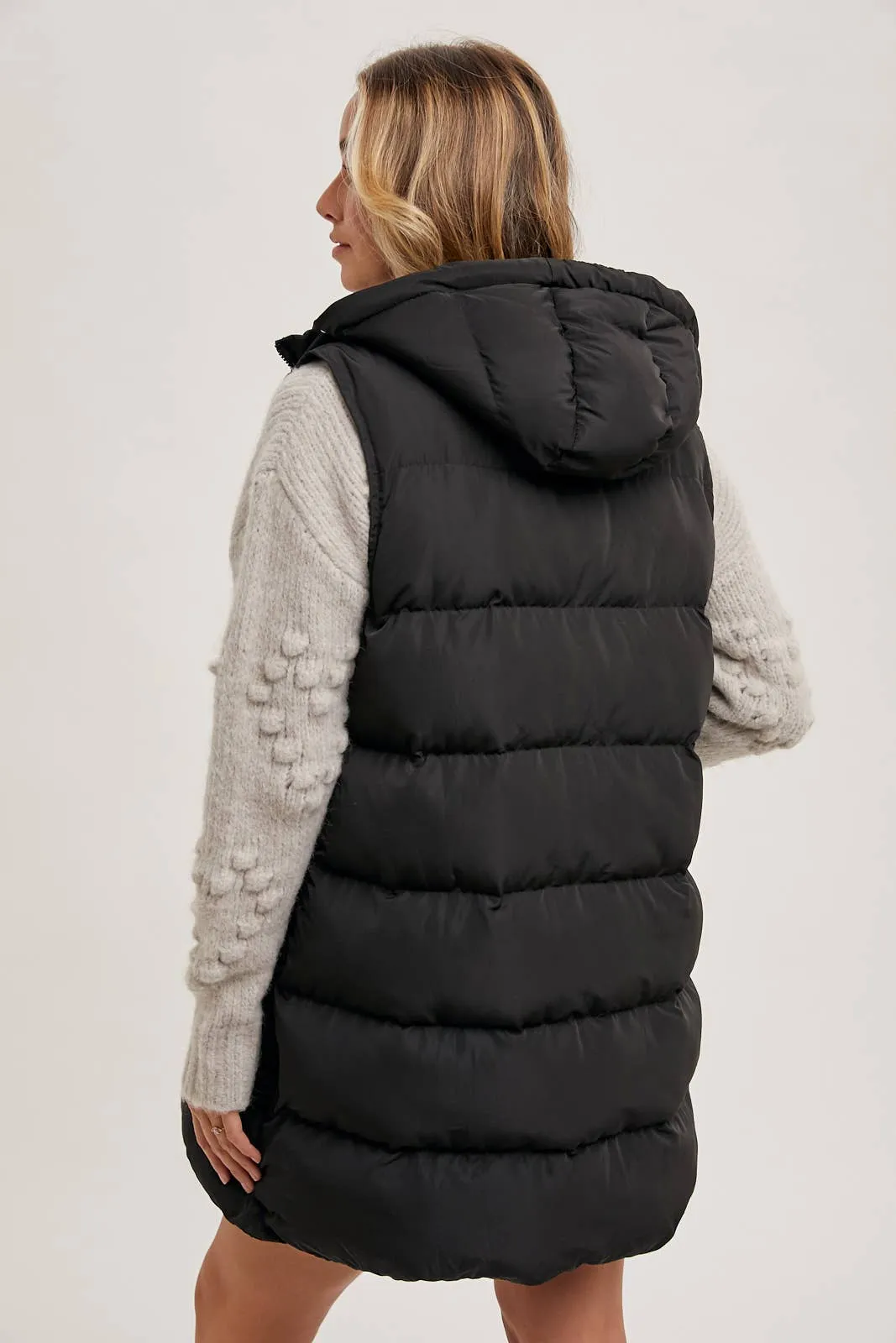 BLUIVY HOODED ZIPPER DOWN LONGLINE PUFFER VEST