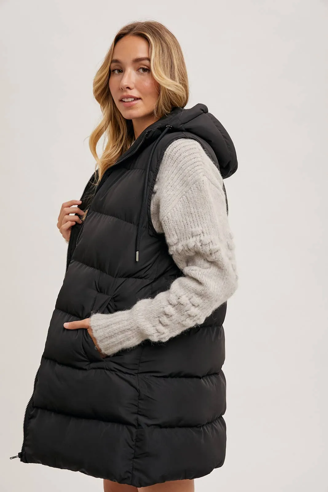 BLUIVY HOODED ZIPPER DOWN LONGLINE PUFFER VEST