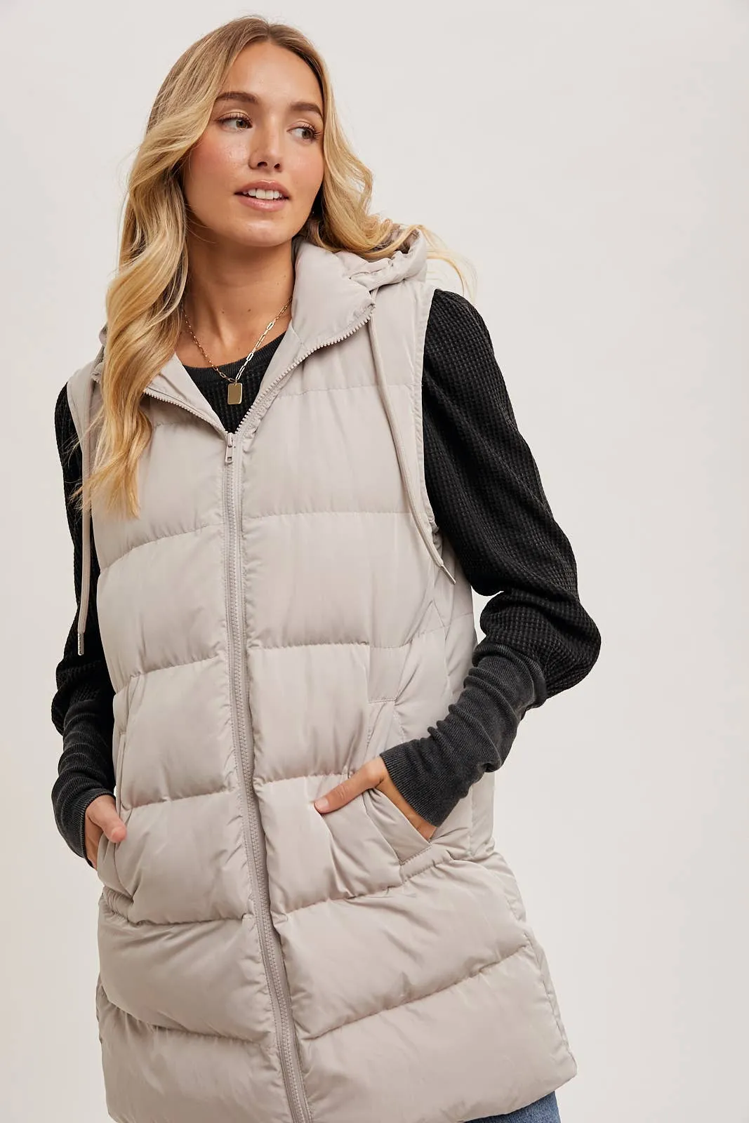 BLUIVY HOODED ZIPPER DOWN LONGLINE PUFFER VEST