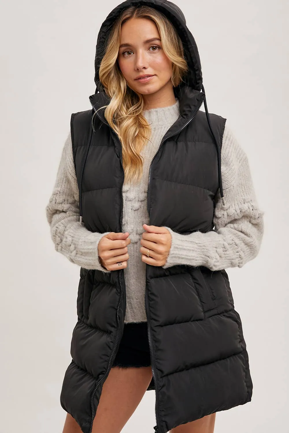 BLUIVY HOODED ZIPPER DOWN LONGLINE PUFFER VEST