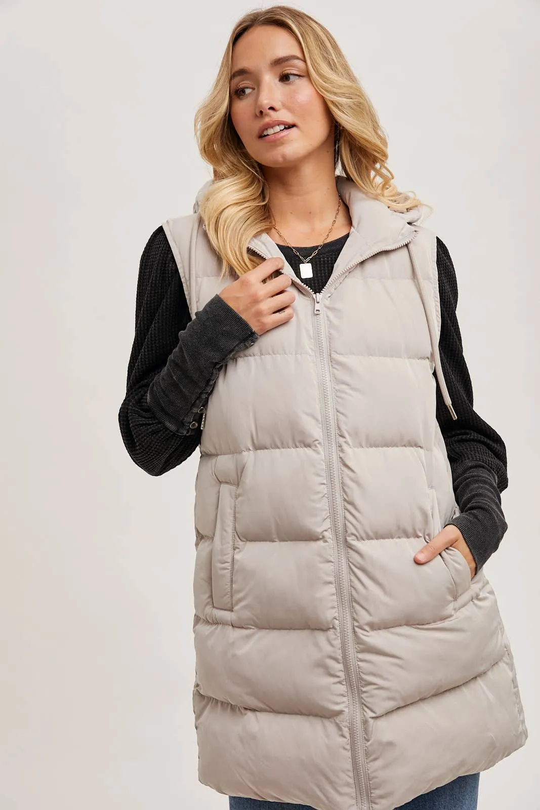 BLUIVY HOODED ZIPPER DOWN LONGLINE PUFFER VEST