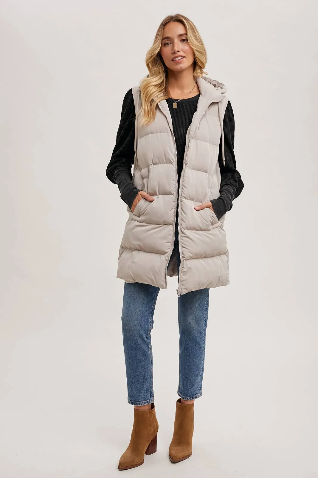 BLUIVY HOODED ZIPPER DOWN LONGLINE PUFFER VEST