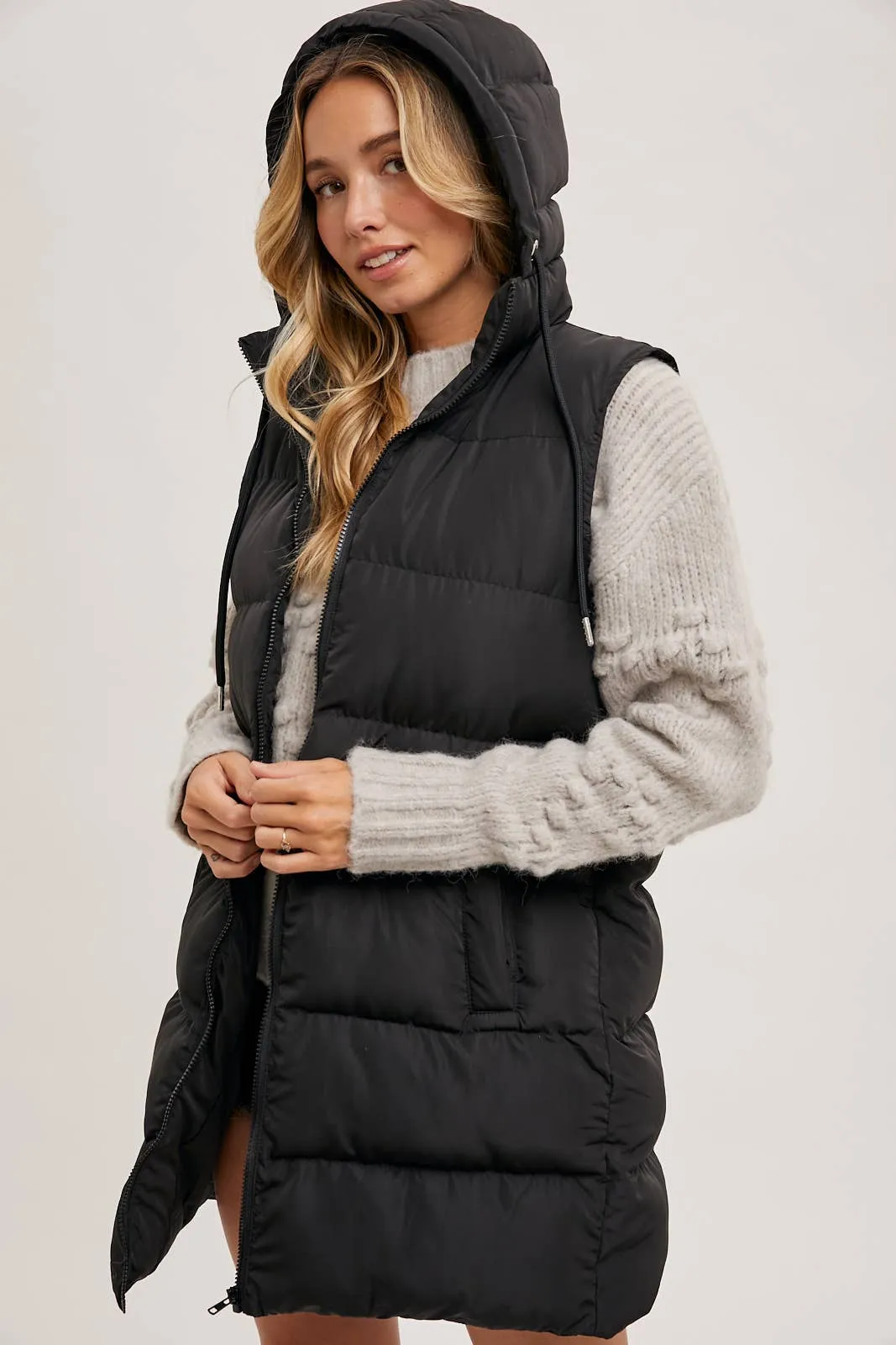 BLUIVY HOODED ZIPPER DOWN LONGLINE PUFFER VEST