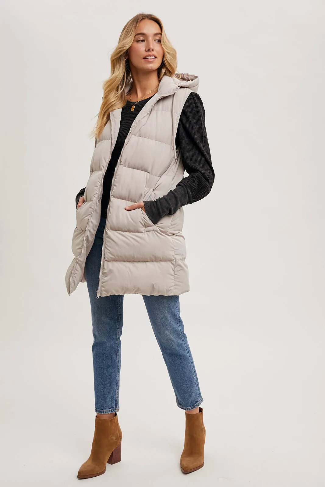 BLUIVY HOODED ZIPPER DOWN LONGLINE PUFFER VEST