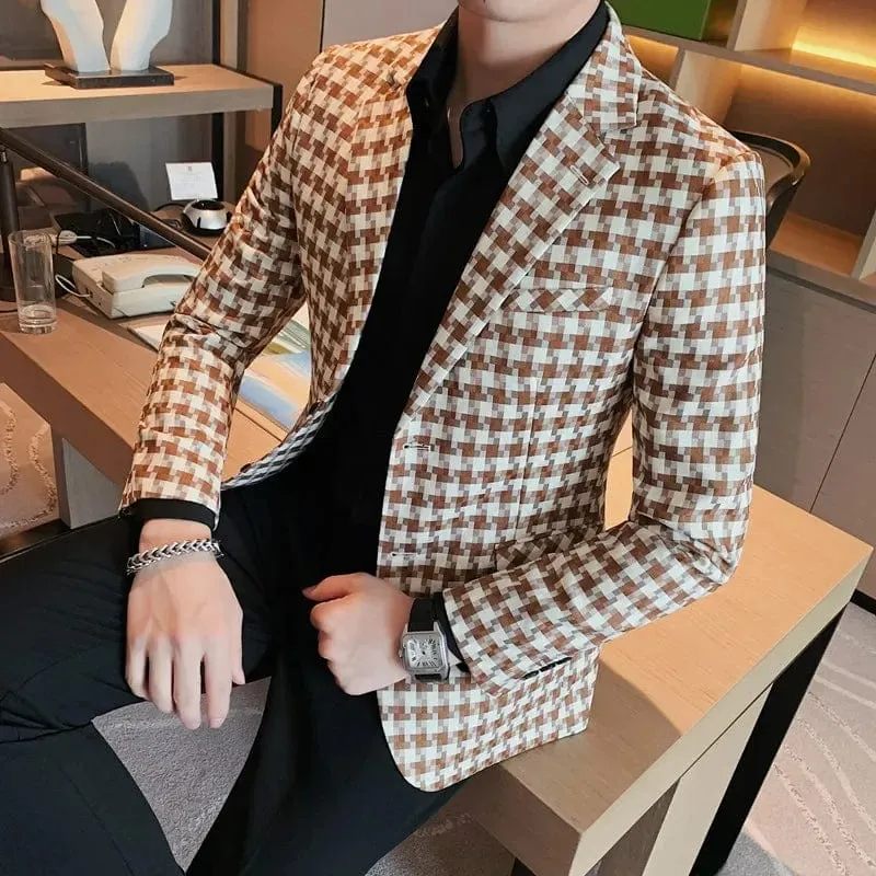 British Style Men's Smart Casual Slim Fit Plaid Blazer Suit Jacket