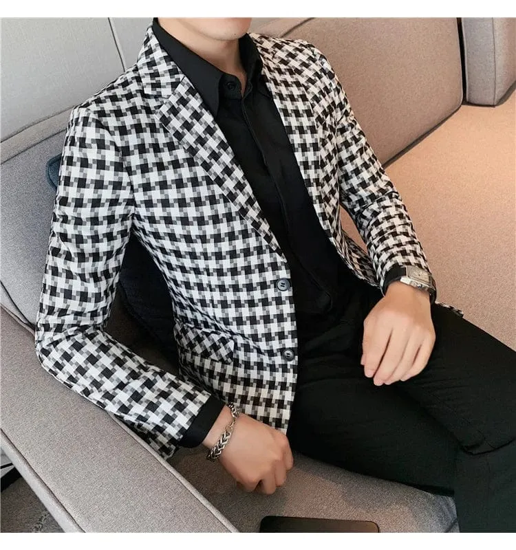 British Style Men's Smart Casual Slim Fit Plaid Blazer Suit Jacket