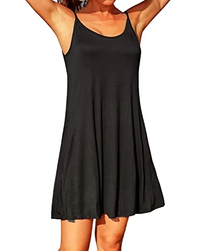 Casual Tank Top Dress Pockets Swim Cover Up Spaghetti Swim Dresses-Black