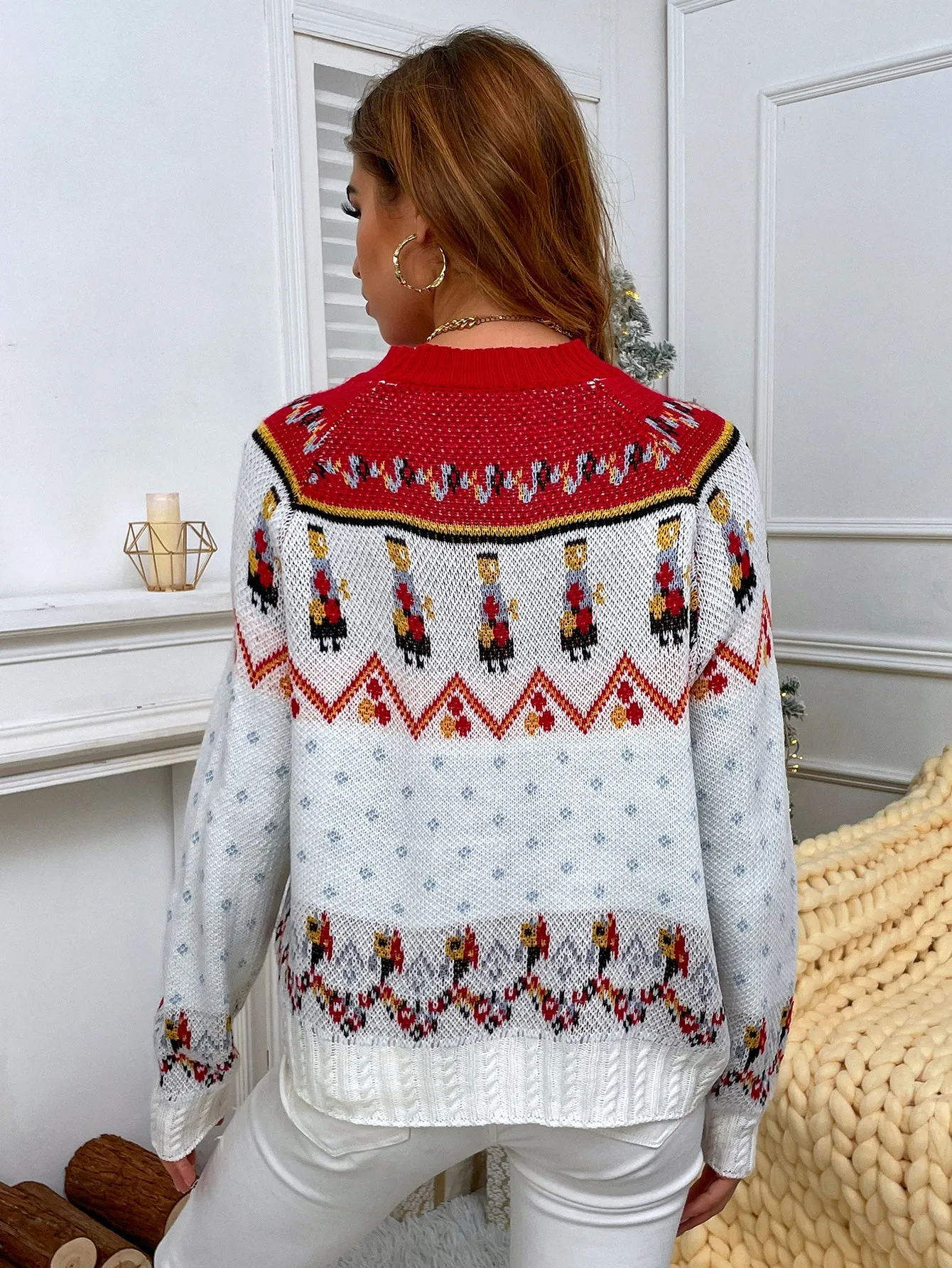 Christmas Snowflake Trees Print Long Sleeve Red Sweater XMMYWU0849BA