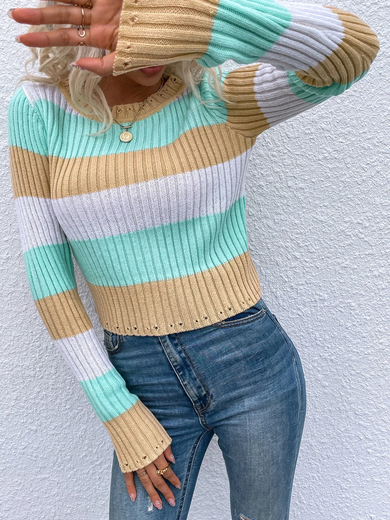 Colorful Striped Knitted Crew Neck Sweater XMMYWU0585HU