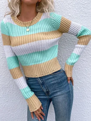 Colorful Striped Knitted Crew Neck Sweater XMMYWU0585HU