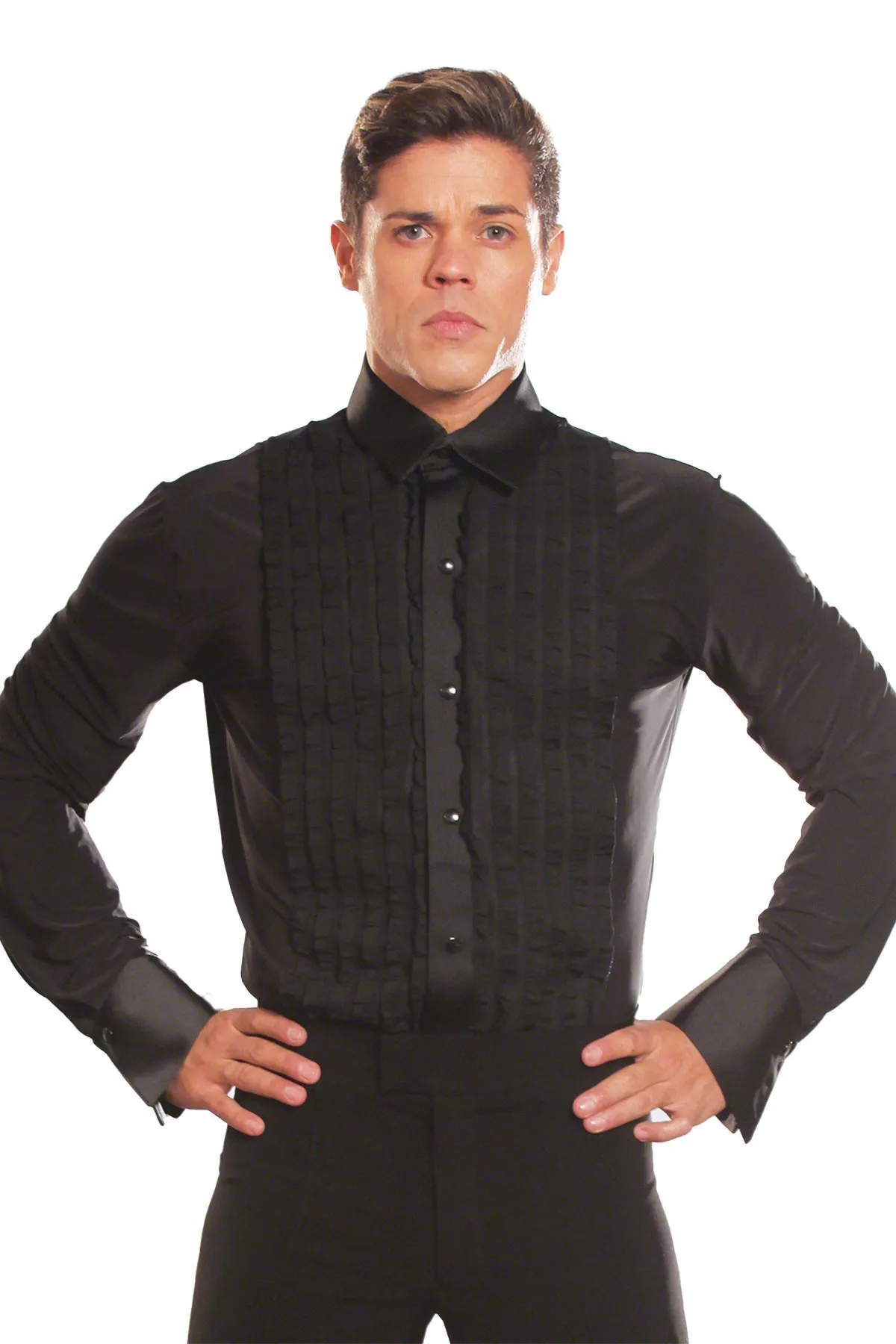 Dance America MS8 Men's Ruffled Tuxedo Ballroom Shirt with Snap Closure and Trunks in Stock